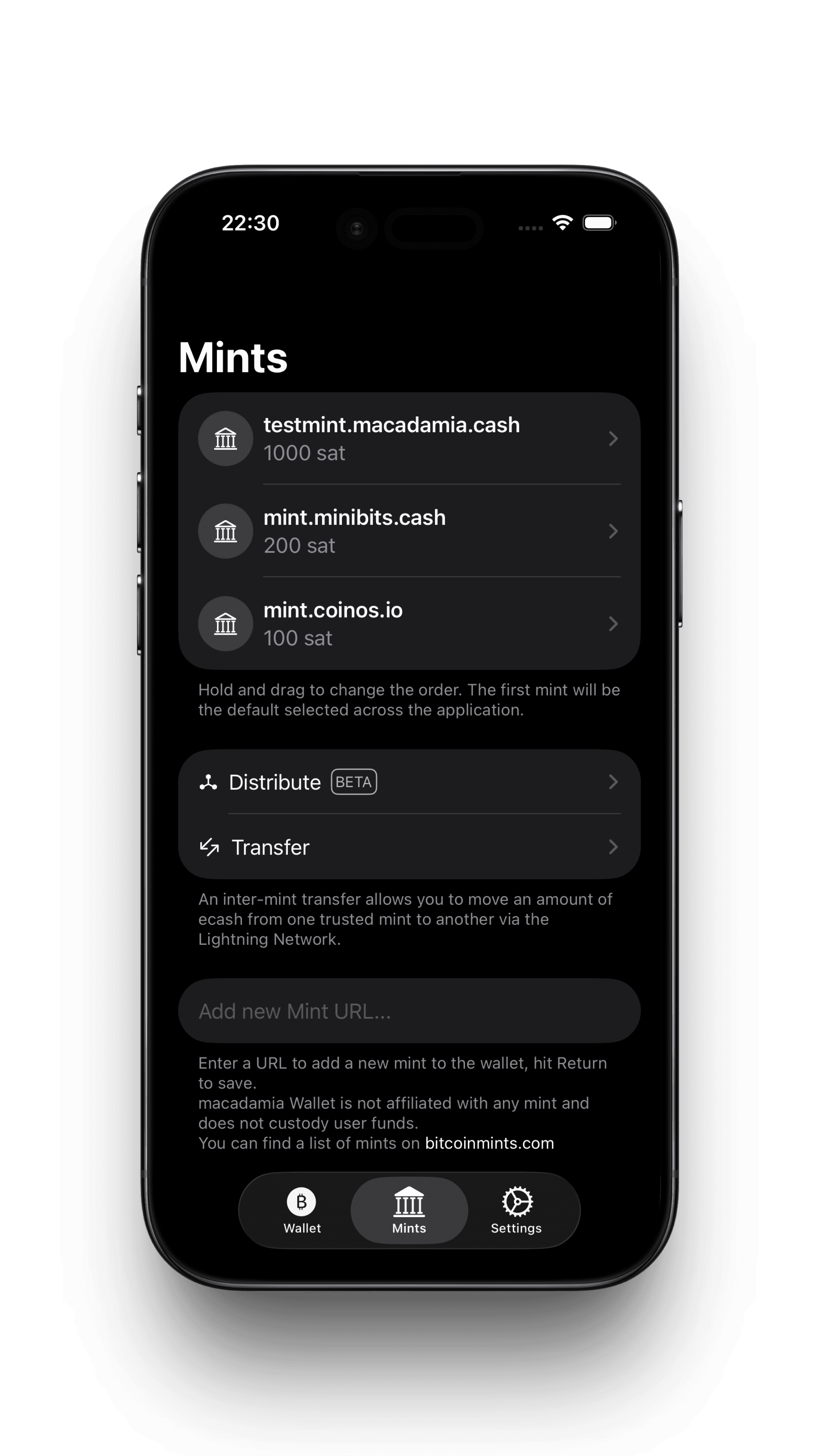 Mints management screen