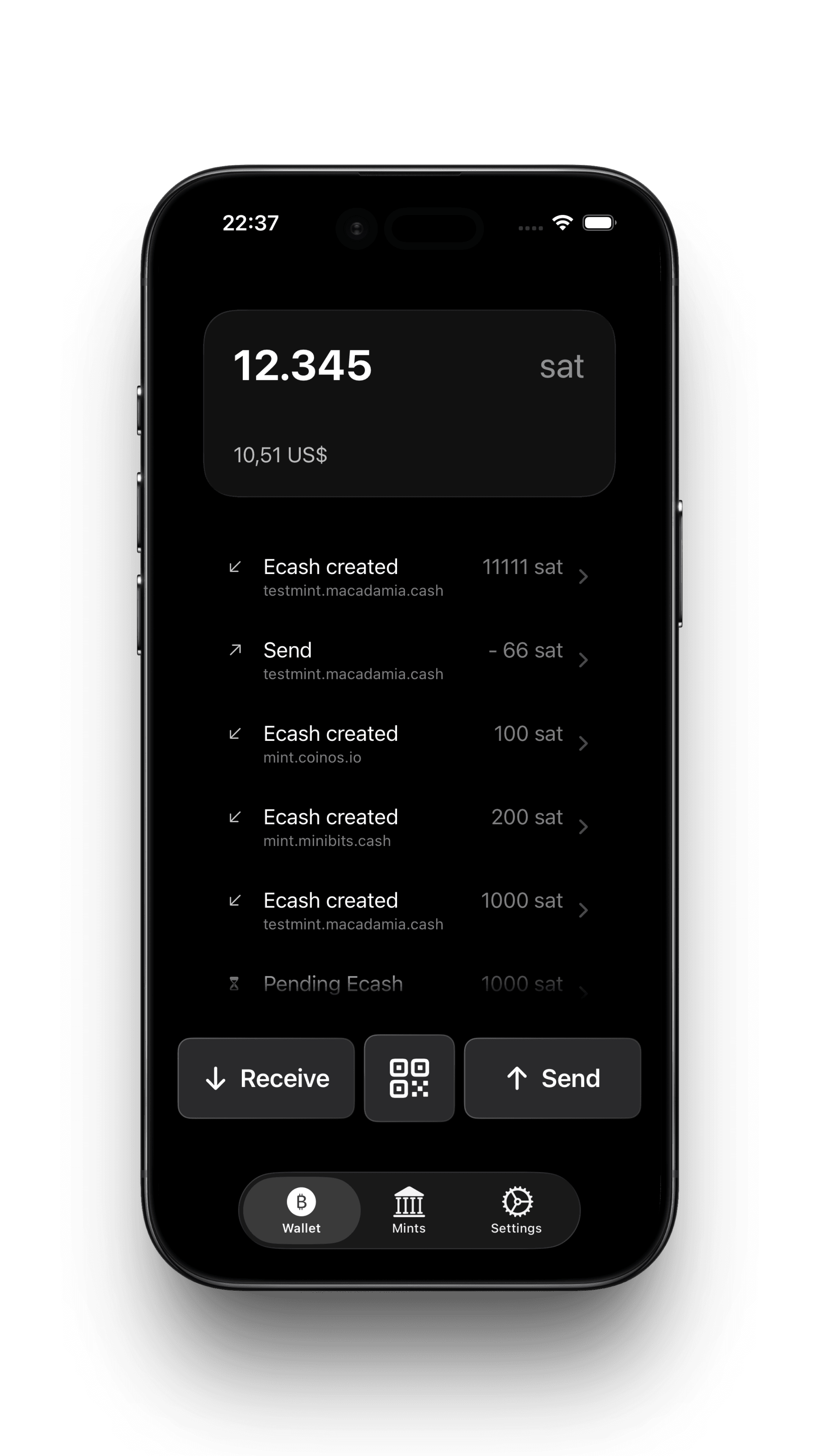 macadamia wallet home screen with balance and transaction history